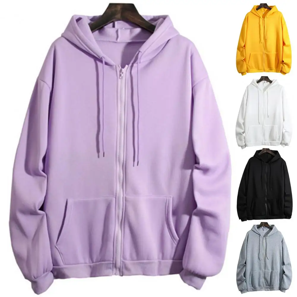 Fleece Lining Women Sweatshirt Plush Lining Solid Color Loose Harajuku Thick Hoodie Zipper Closure Simple Fashion Sweatshirt