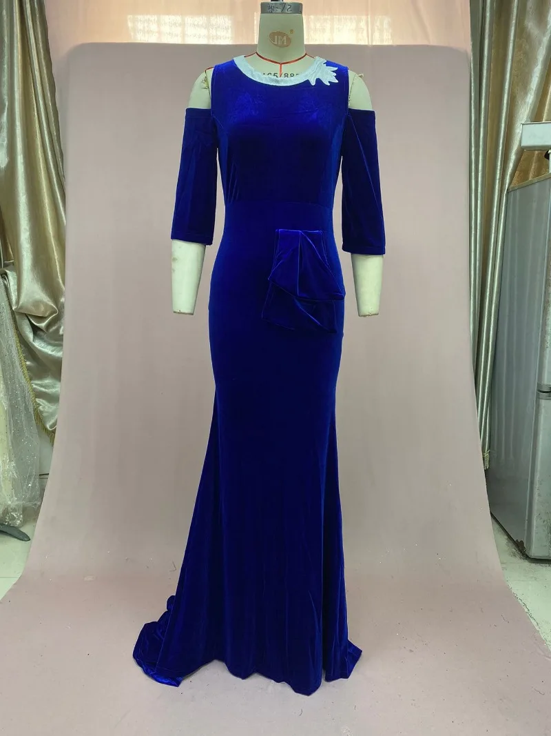Vestido largo de sirena de terciopelo de retales para mujer, vestido Sexy con cuello redondo y hombros descubiertos, vestido de noche ajustado de manga 3/4, vestido largo para fiesta de cumpleaños