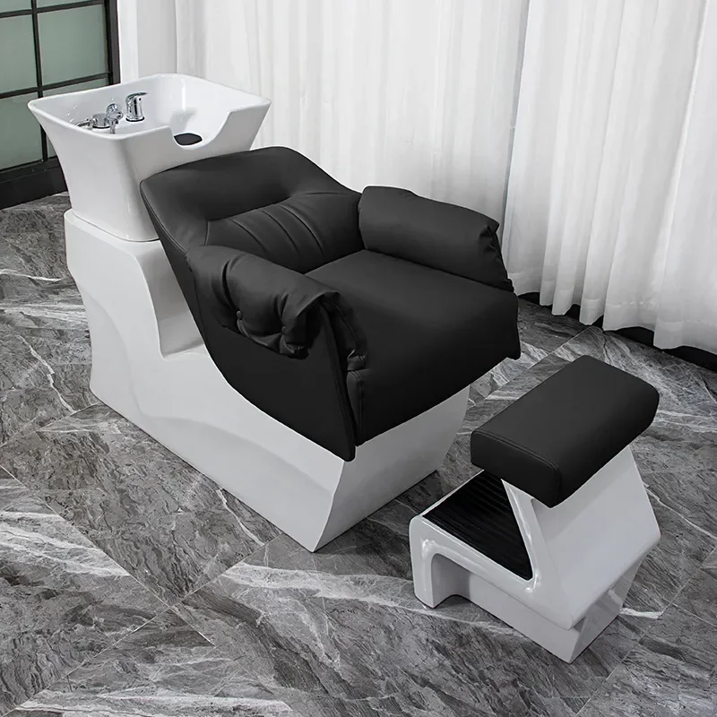 Bojo Semi Reclining Shampoo Bed with High End Ceramic Basin for Barber Shop Simple Design Hair Washing Station