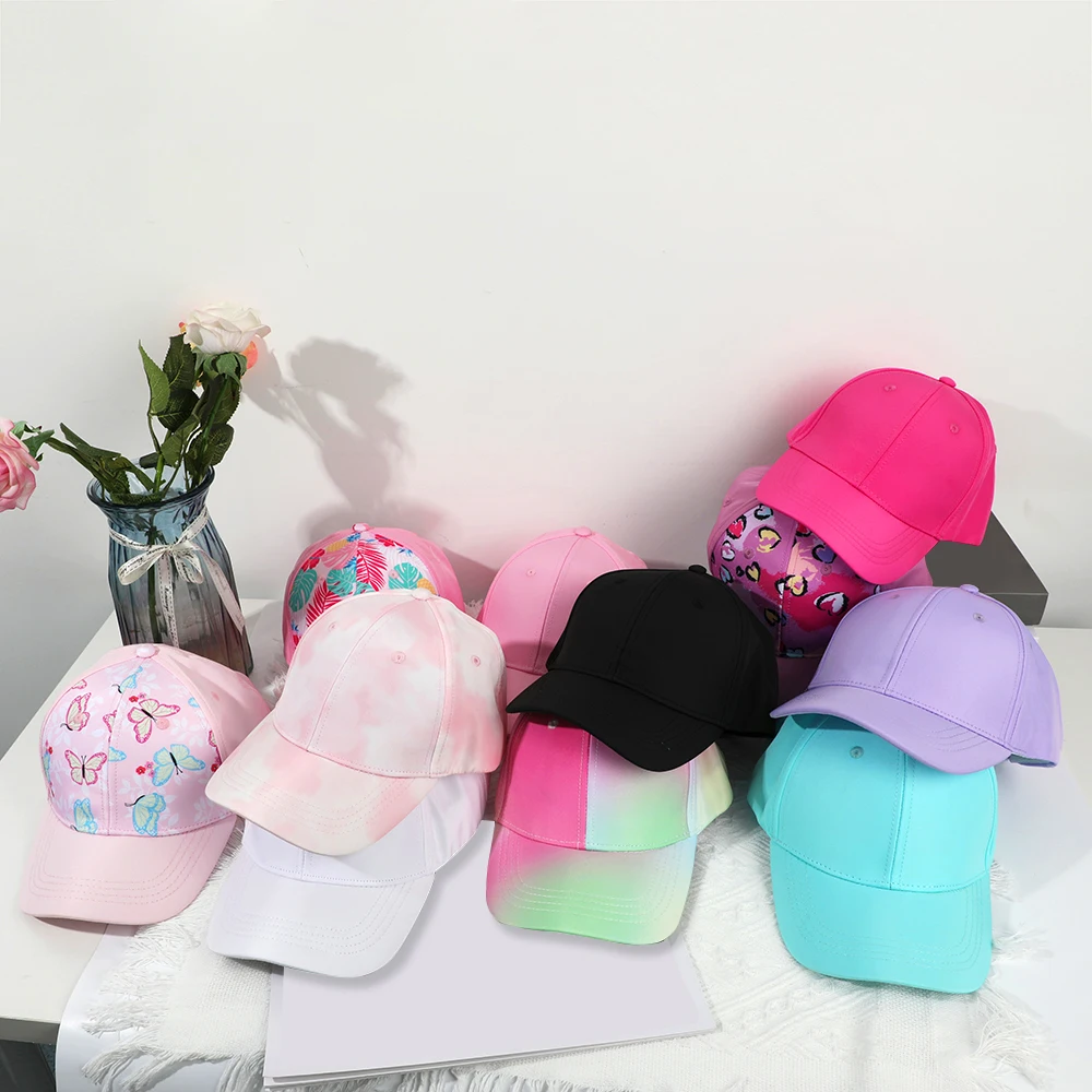 Summer Girls Ponytail Baseball Cap Children Girls Wide Brim Sun Hat Sun Protection Visor Hat Solid Color Floral Adjustable Caps