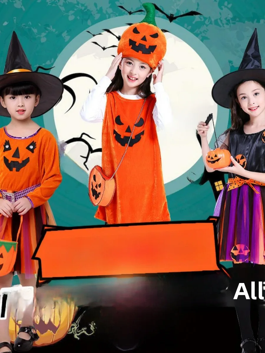 로우인 어린이 공연 의상 소녀 마녀 복장 호박 디자인 귀여운 요정 테마 파티 유치원용