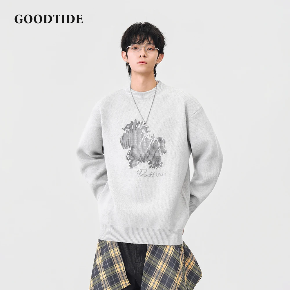 Fashion Men's Casual Crew Neck Sweater 2025 Winter New Abstract Pattern Letter Print Knitted Pullover Soft Long Sleeve Top
