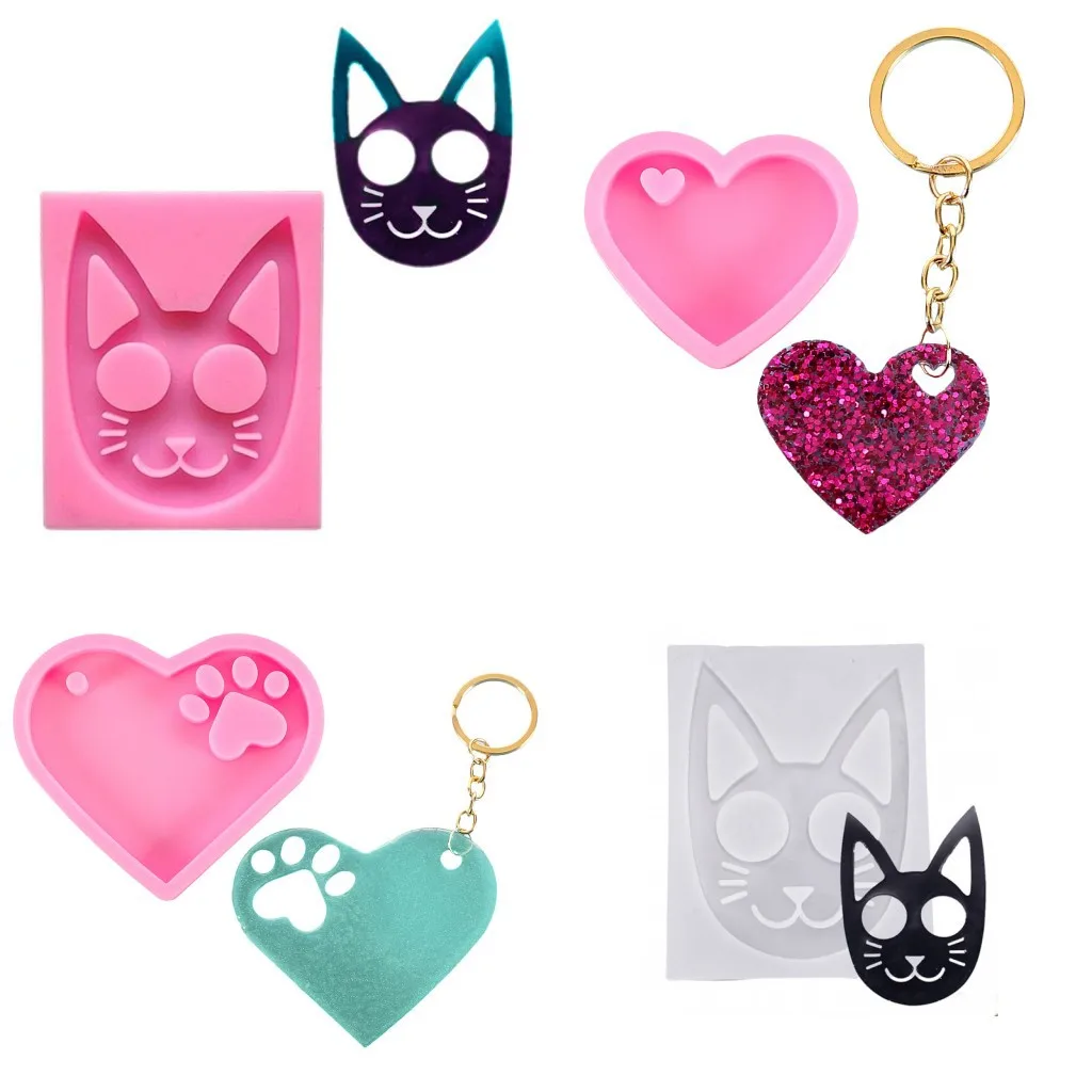 Cat Head Heart Keychain Mold Epoxy Jewellery Silicone Mold For DIY Handmade Keychain Pendant Resin Crafting Mold