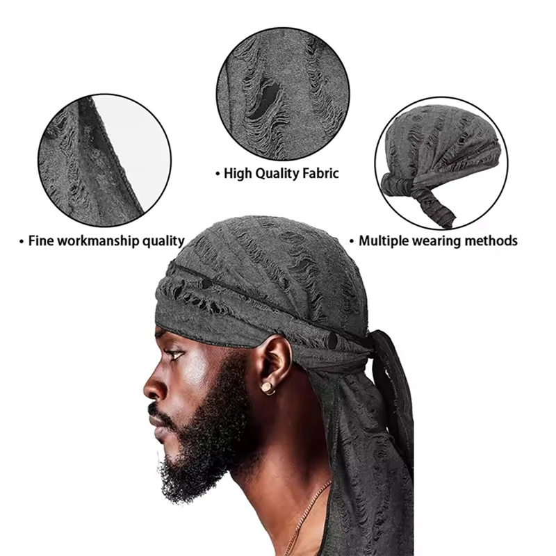 

2025 New Vintage Hole Cotton Durag Headband - Unisex Hip Hop Long Tail Pirate Cap, Men's Trendy Head Wrap Cycling Scarf