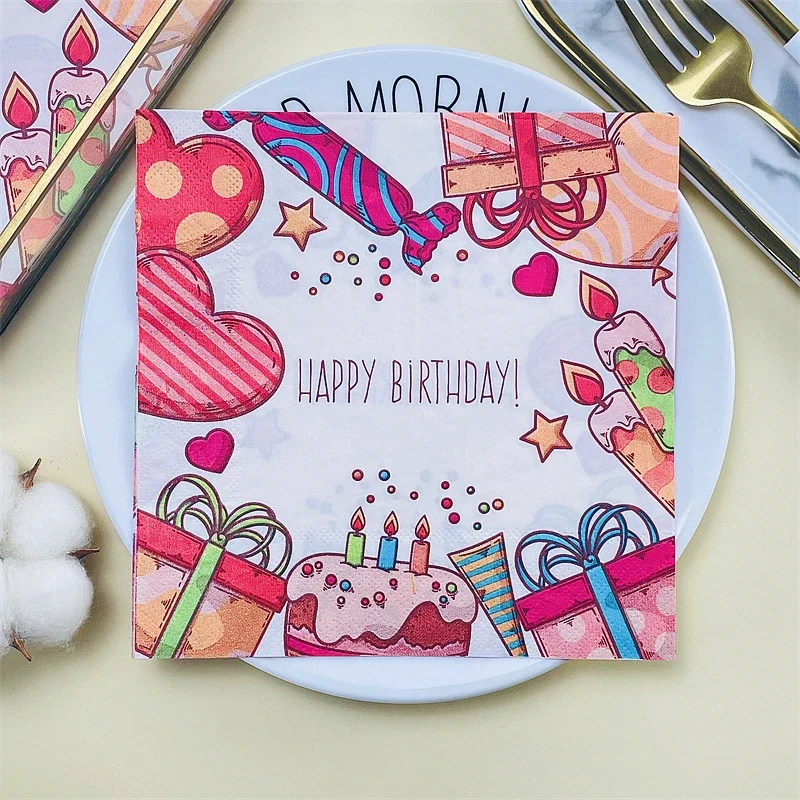 Birthday Party Colorful Printed Napkins Disposable Decorative Original Wooden Paddle Facial Tissues 2-ply 20pcs/Pac 33*33cm