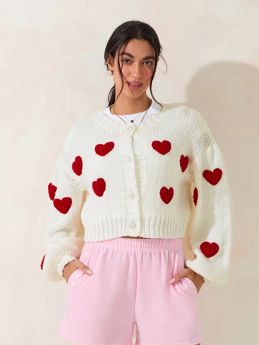 Cute Sweet Hearts/Flowers Decors Sweater Cardigans Women Lantern Long Sleeve O Neck Buttons Cropped Knit Outwear