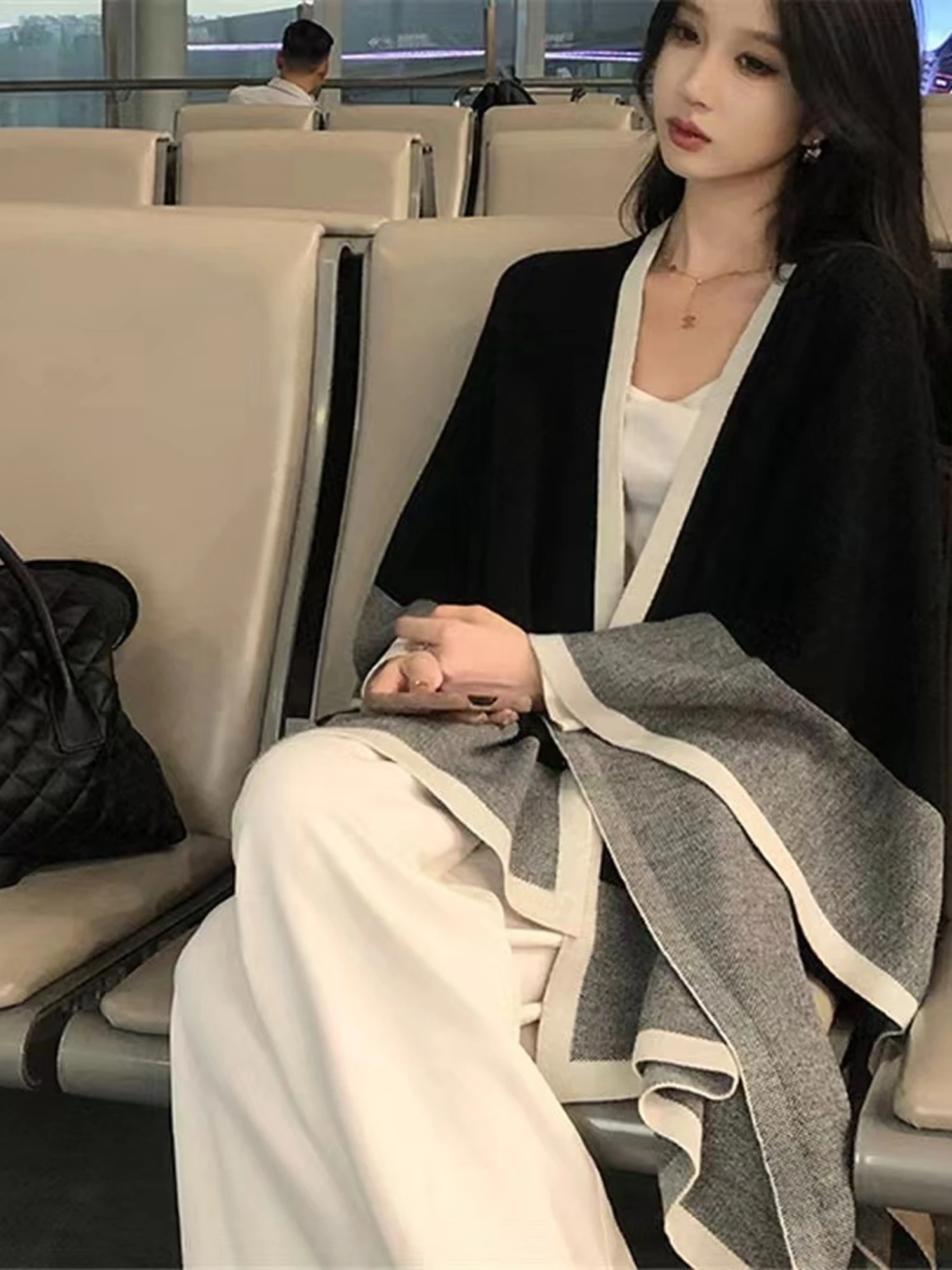 Elegant Loose Knitted Color Block Women's Shawl Cowl Neck Sweater Warm Cozy Spring Autumn Fashion Outerwear