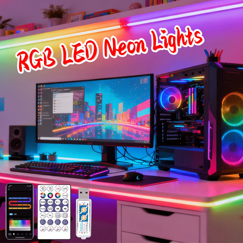 RGB IC Neon Light Strip, DC 5V USB Flexible Neon Light Strip.0.5/1/2/3/5m Colorful Neon Strip with 28-Key Remote Control