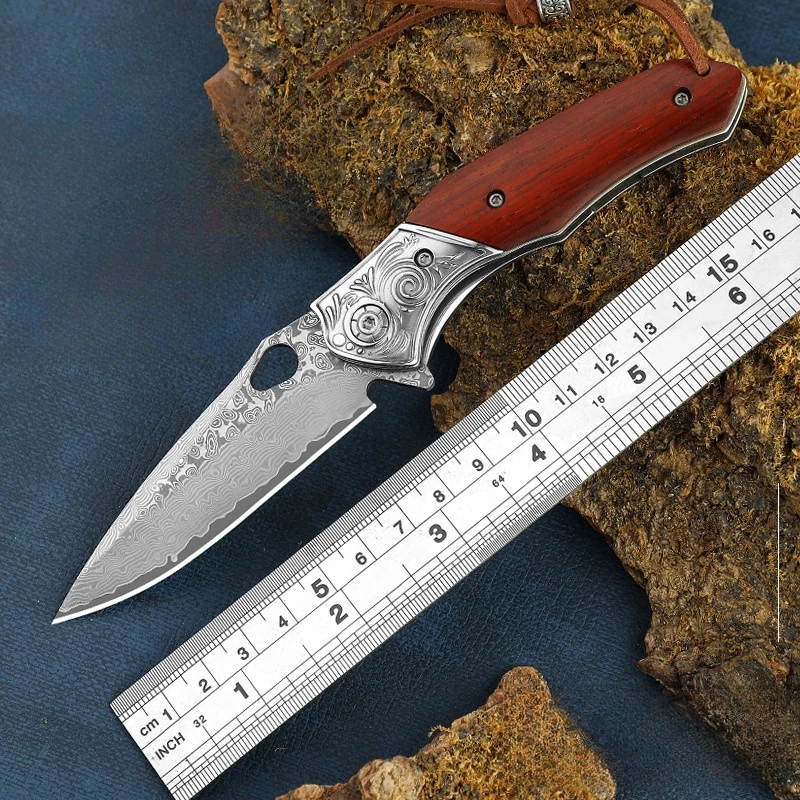 

Damascus Folding Knife VG10 Steel Mini Knifes Outdoor Self-defense Knife Outdoor Survival Knife Wooden Handle with Leather Cover