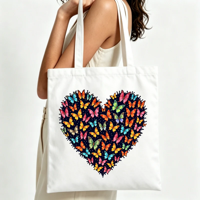 butterfly heart print canvas tote bag, casual style for daily shopping and summer outings