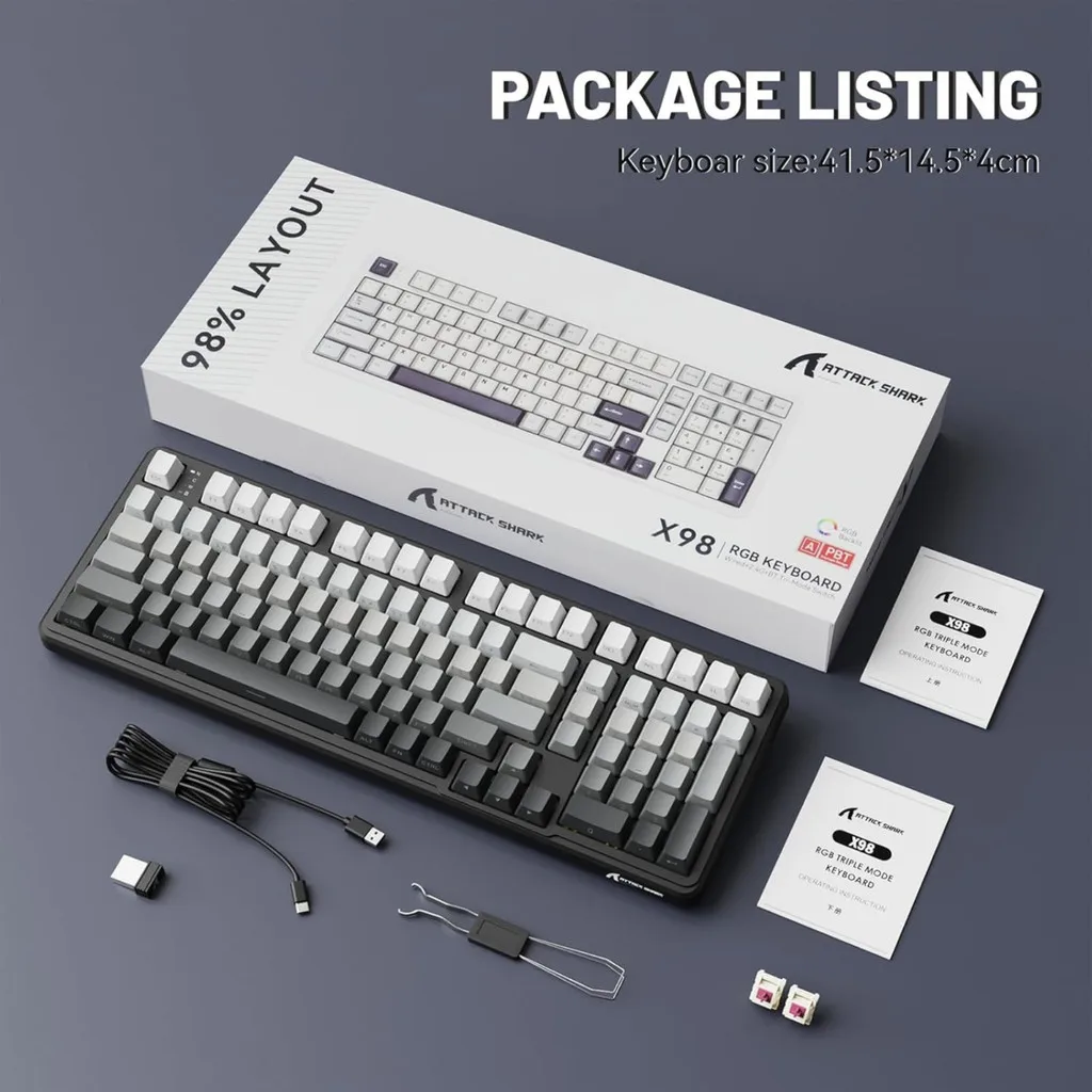 ATTACK SHARK X98 Wireless Mechanical Keyboard - Full-Size, Gasket Mount, Tri-Mode (BT/2.4G/Wired), Hot-Swappable, RGB, 4000mAh