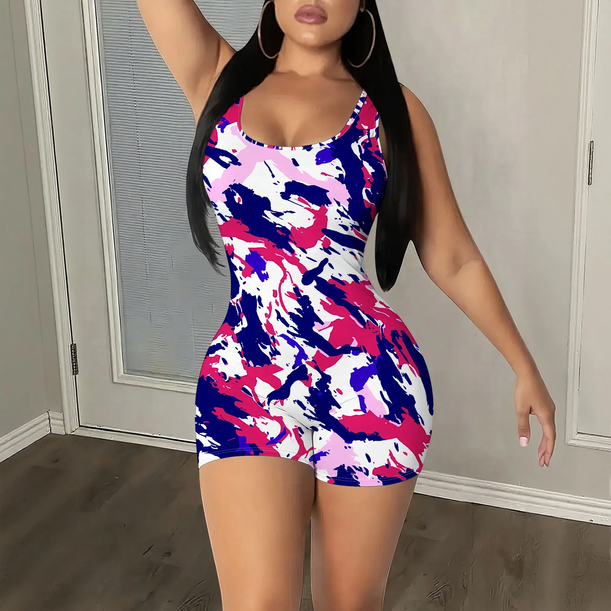 

Abstract Print Romper, Camo Jumpsuit, Sleeveless Playsuit, Summer Beachwear, Casual Party Outfit, S-2XL