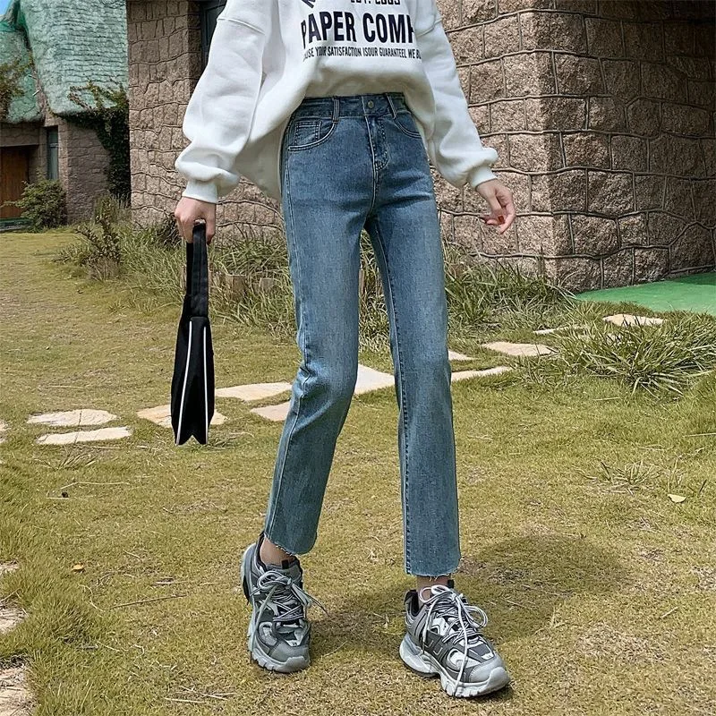 Spring High Waist Straight Leg Denim Jeans Women's Student Style Slimming Ankle-Length Frayed Korean Version Cigarette Pants