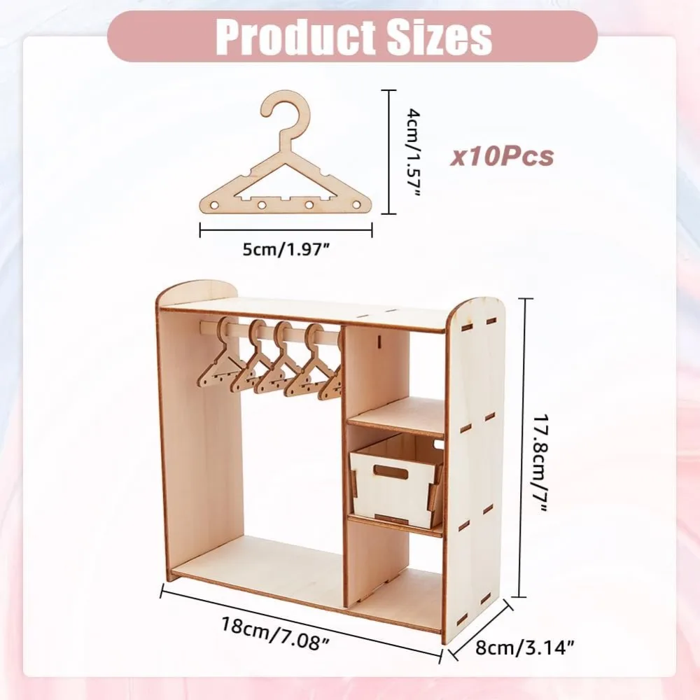 Assembled Wooden Doll Closet Earring Hanging Display Stands Dollhouse Wardrobe with 2Pcs Miniature Drawers and 8Pcs Small