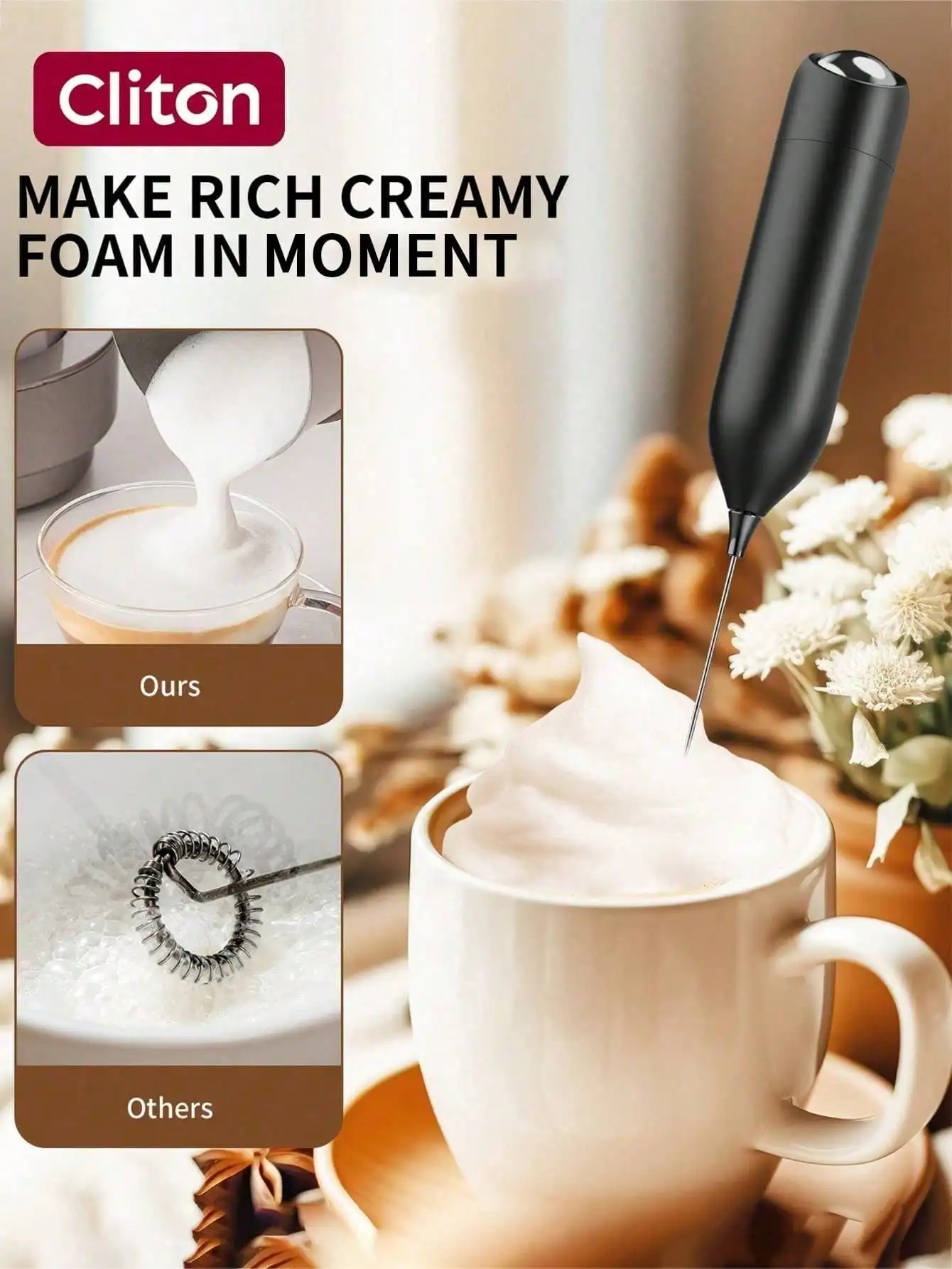 Handheld Electric Milk Frother With Stainless Steel Base, Battery Operated Mini Mixer Beverage Blender, 2026 Upgraded Version, Suitable For Latte, Cappuccino, Matcha, Hot Chocolate, Black Kitchen Gift