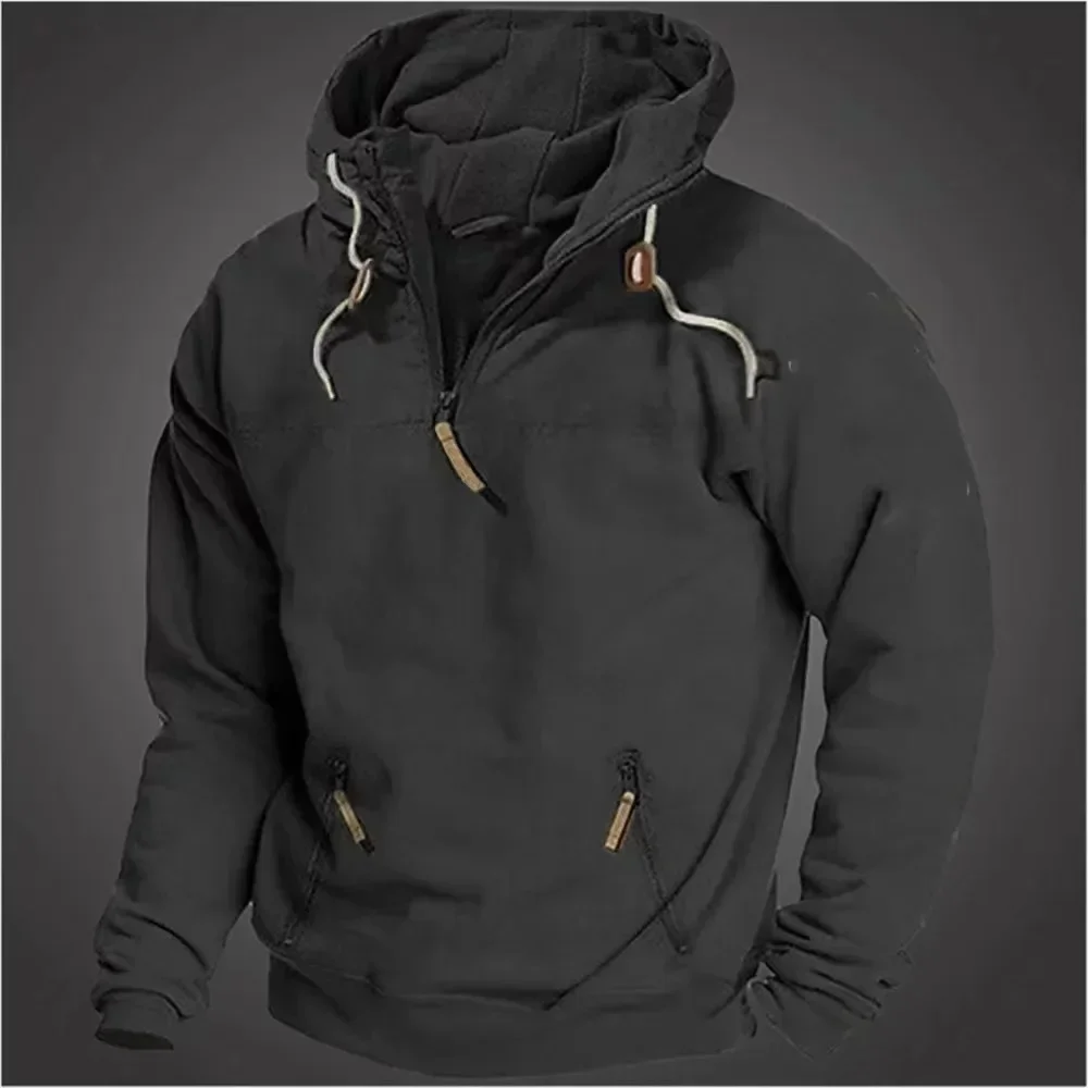 2024 Spring Autumn Mens Solid Vintage Hooded Sweatshirt Half Zip Sports Tactical Hoodies Tracksuit Casual Sweatshirts Male Coats