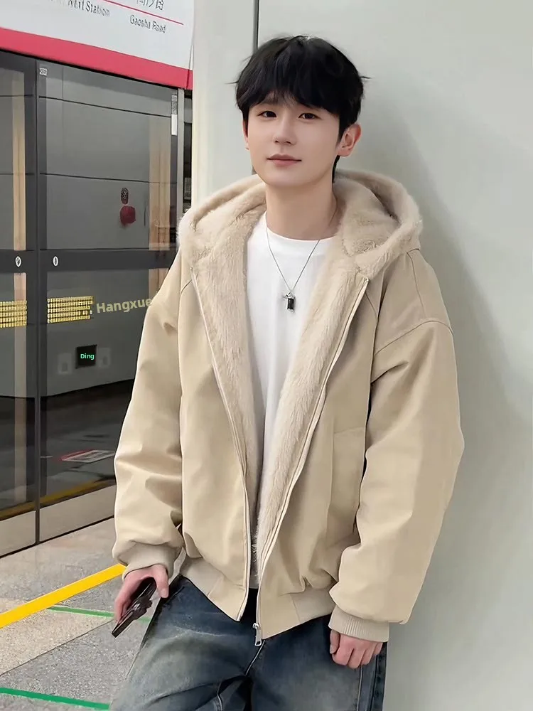 

Thiened Winter Jaet, мужское хлопковое пальто из искусственной кожи с меховым воротником и капюшоном, внутренняя часть, одинаковая верхняя одежда для пары