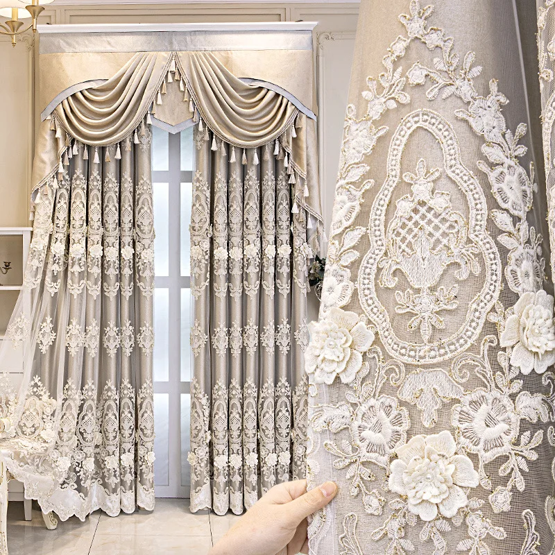 European Luxury Head Gray French Double Layer Relief Elegant Fashion Curtains for Living Dining Room Bedroom Decor Custom Size