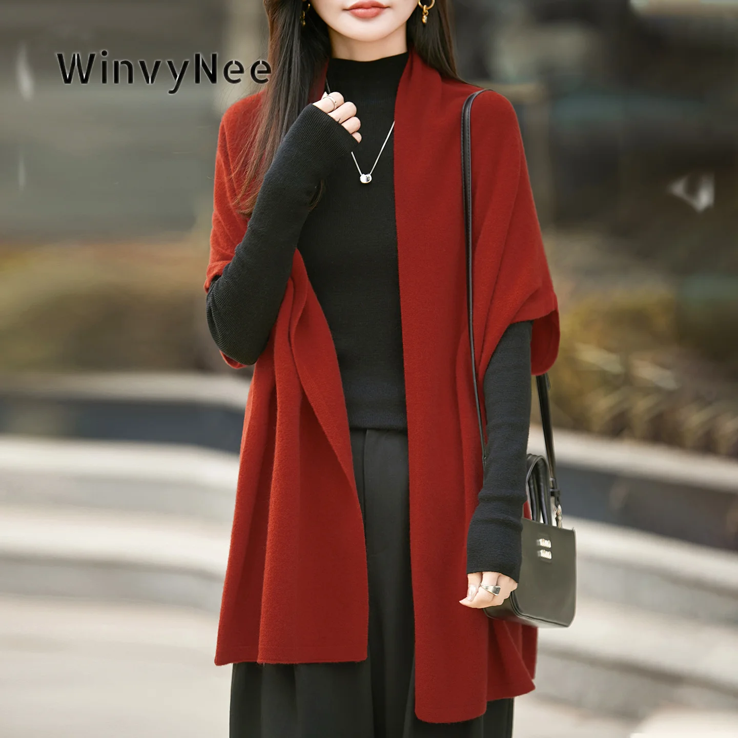 WinvyNee Women Solid Batwing Sleeve Knitted Cardigan Pure Wool Windproof Chic Versatile Loose Fit Fall Winter Outfit ZB1673028