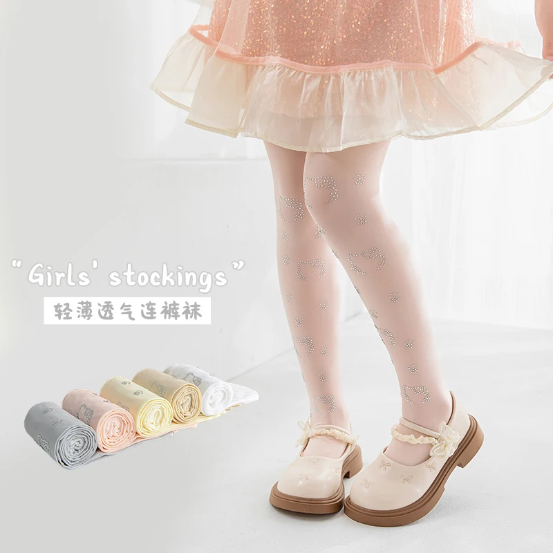 Sweet Kids Cute Cat Paw Shiny Rhinestone Pattern Footed Tights Soft Stretchy Breathable Elastic Waist Lovely Pantyhose for Girls