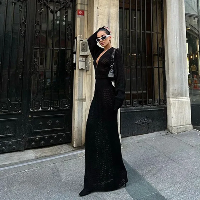 بلون مثير متماسكة قطع عطلة الشاطئ فساتين طويلة غير رسمية المرأة 2025 الصيف مثير الخامس الرقبة طويلة الأكمام Bodycon فستان ماكسي #5