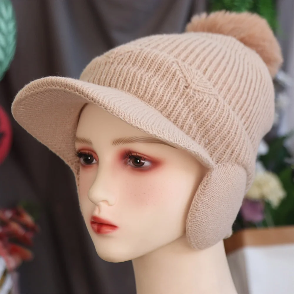 

Casual Solid Color Plush Peaked Cap Windproof Ear Protection Earflaps Hat Thickened Fleece Knitted Baseball Hat Holiday