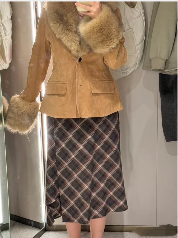 شتاء جديد المرأة سليم صالح فو الفراء تأثير المخملية بدلة جلدية Jaet خمر Sle طويل Sve زر إغلاق اللون #3