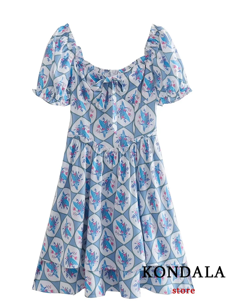 Kondala boho azul floral impressão mini vestido feminino laço de manga curta babados moda 2022 vestido de verão elegante mujer vestidos