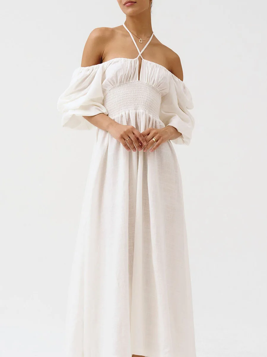 Nuovo abito lungo autunnale da donna elegante cravatta con motivo floreale smocked manica lunga a lanterna abito casual a linea vendita calda SML