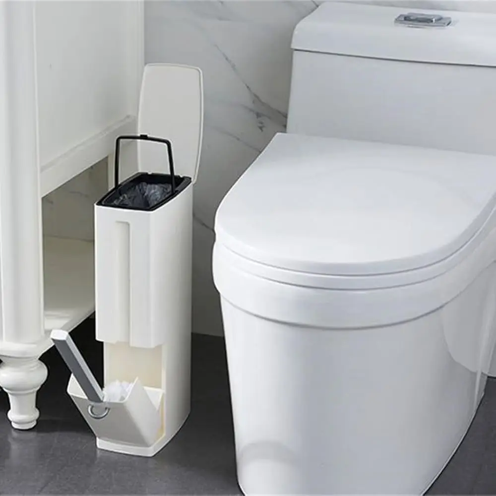 

Rv Camper Trash Can Inside [Space Saving & Odor-Proof], Skinny Bathroom Trash Can and Toilet Brush Set, Ultra Slim Trash Can