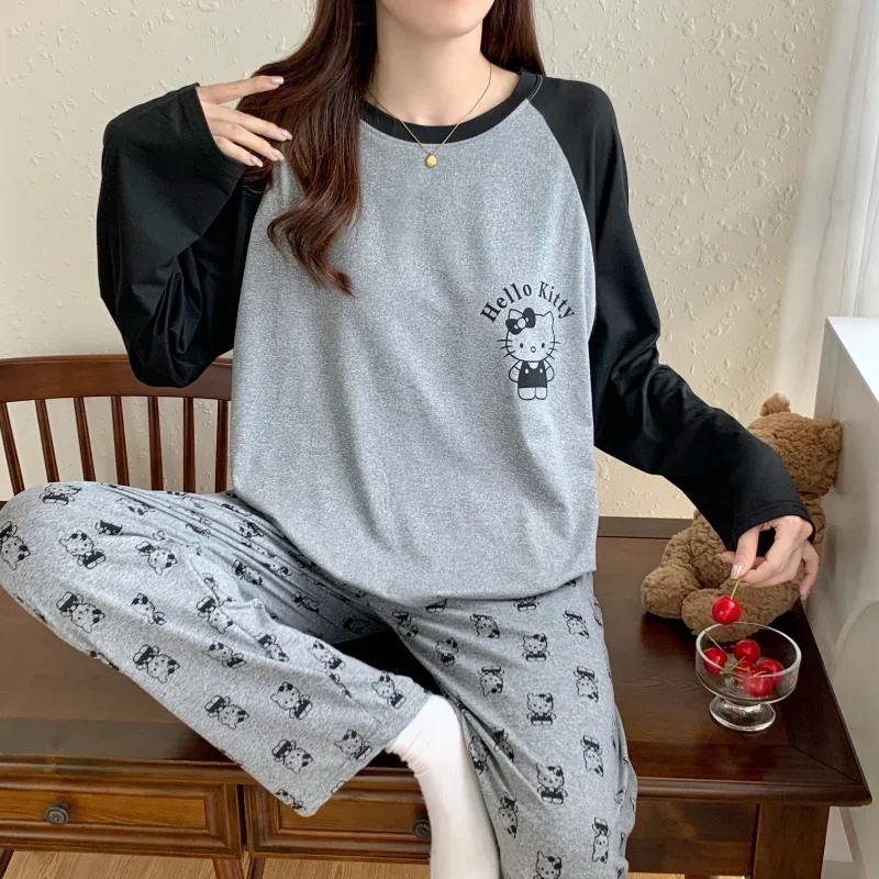 Sanrio Hello Kitty autumn pure cotton new long-sleeved trousers casual loose women\'s pajamas two-piece loungewear cartoon set