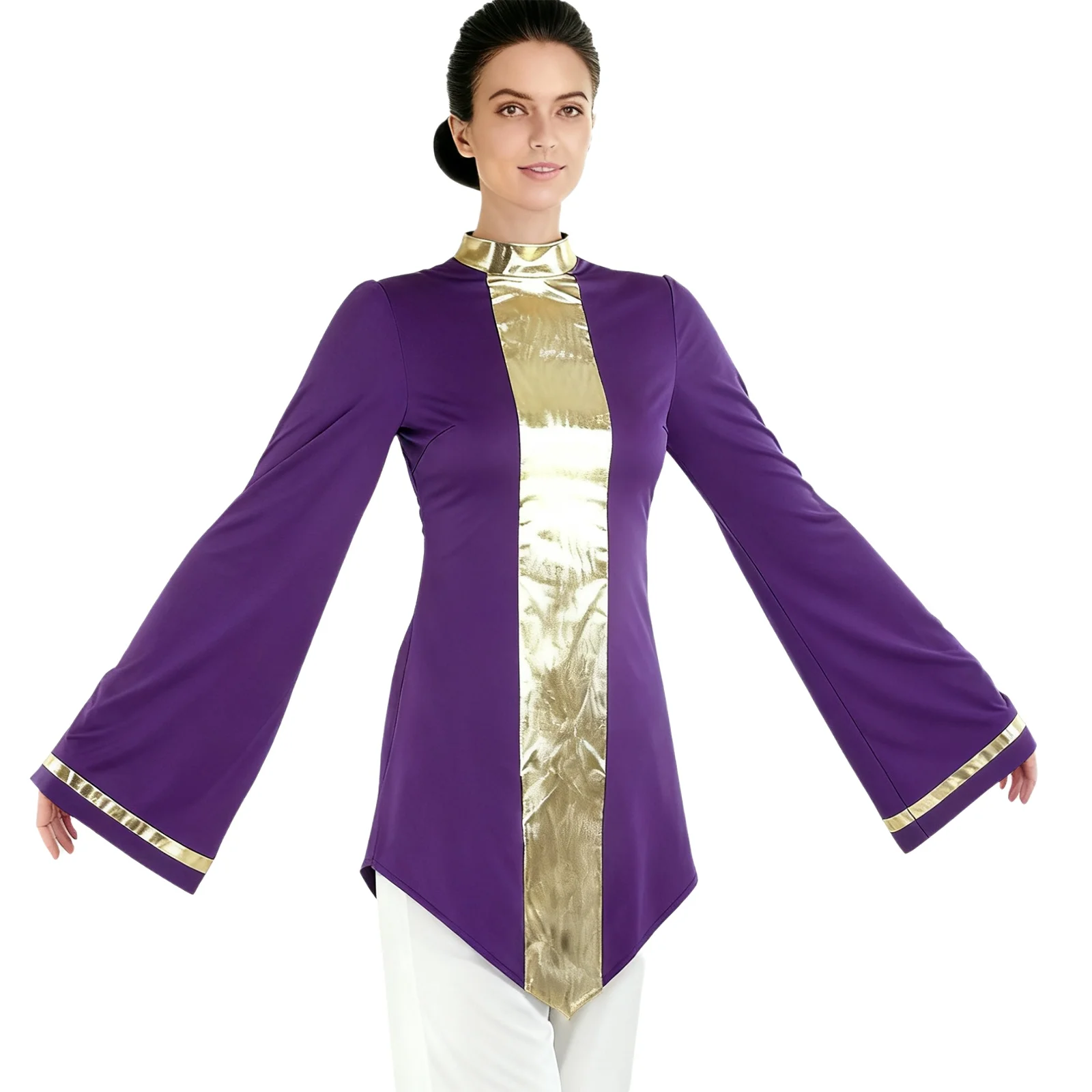

Women Liturgical Worship Churchman Performance Tops Metallic Flared Long Sleeve Shirt Blouse Halloween Festival Priest Costumes