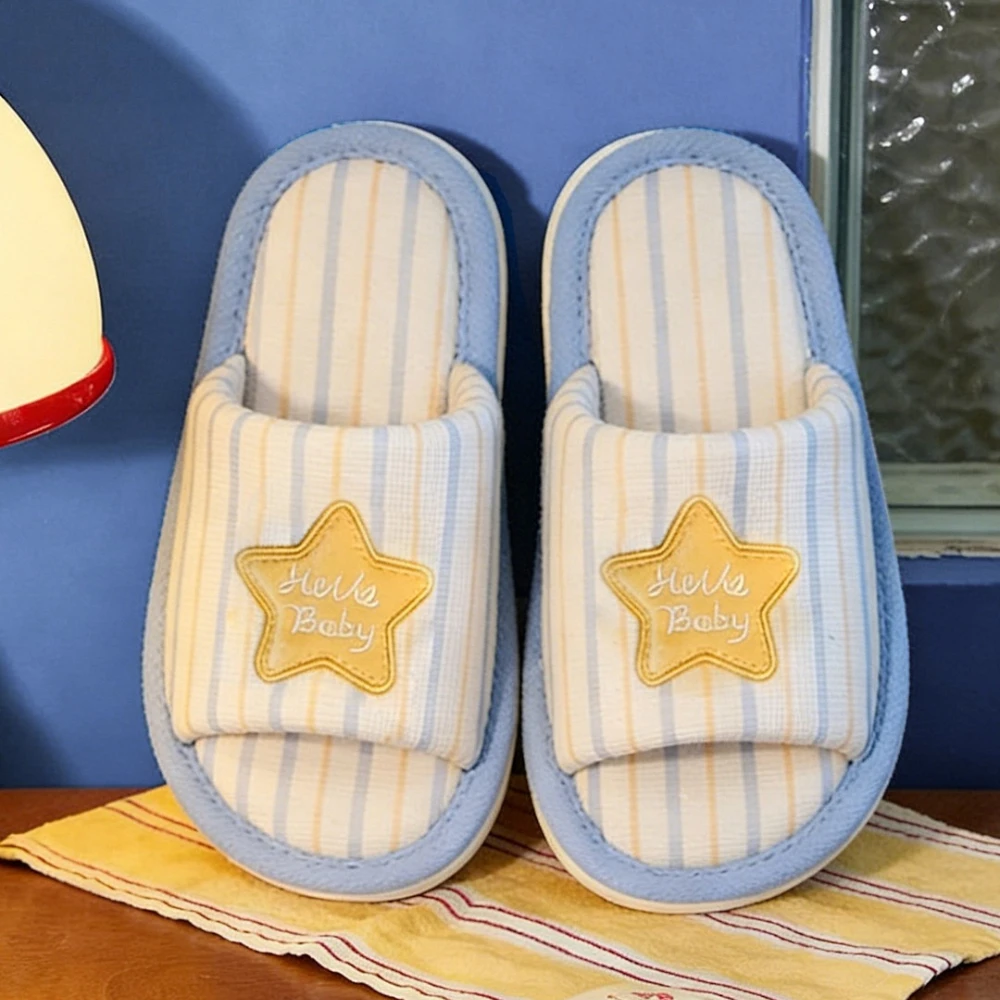 Korean Striped Star Cotton Linen Slippers Summer Women Sweet Cute Silent Non-slip One-band Comfortable Indoor Home Slippers