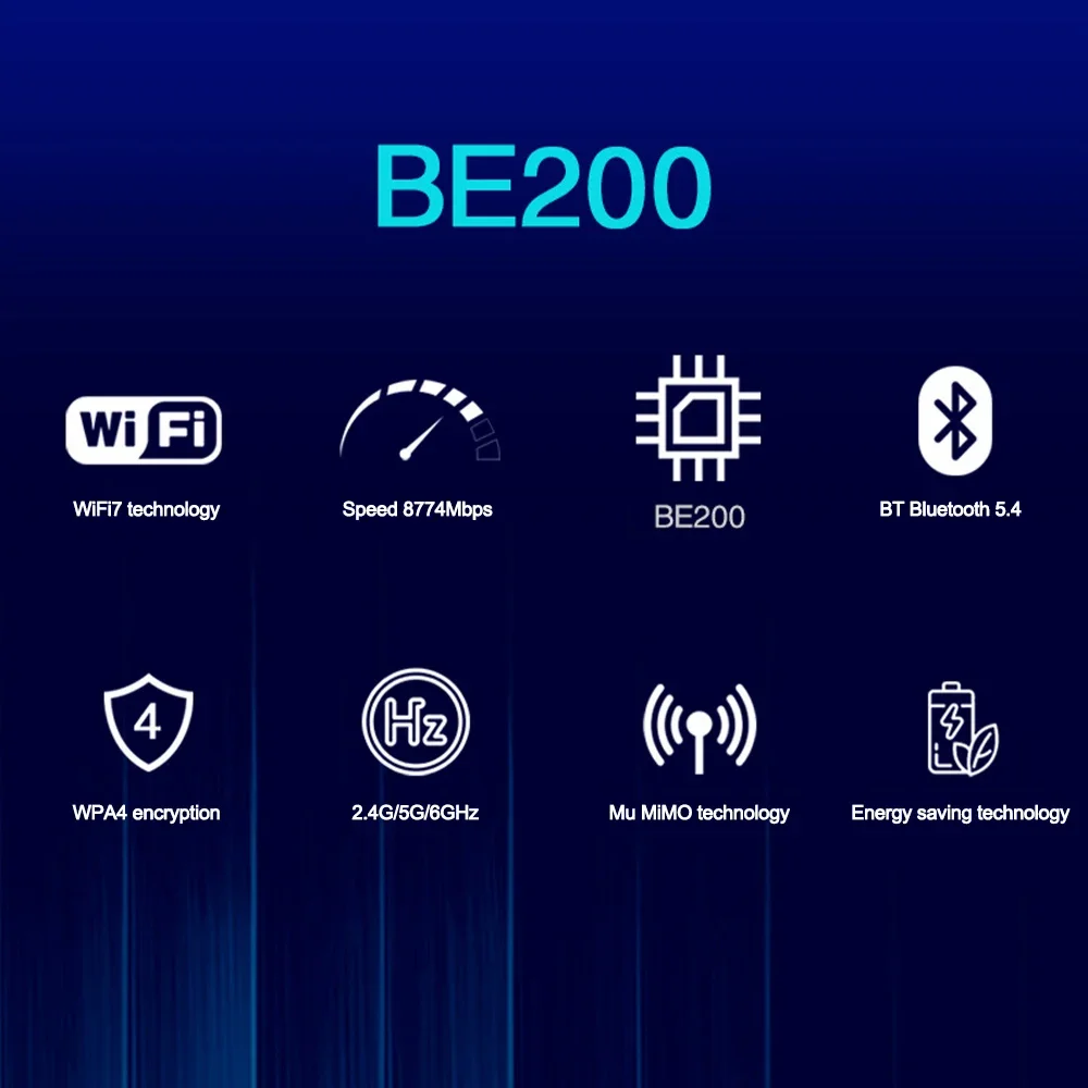 BE200 WiFi 7 Mini PCI-E WiFi بطاقة BE200HMW بطاقة الشبكة اللاسلكية بلوتوث 5.4 ثلاثي الموجات 2.4G/5G/6 جيجا هرتز 8774Mbps محول لأجهزة الكمبيوتر المحمول