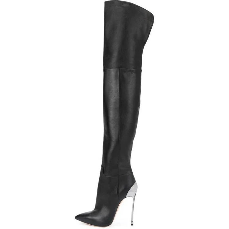 

Sexy Metal Blade Heel Thigh Boots Pointed Toe Black Wine Red Stretch Leather Over The Knee Boots Slip On Slim Leg Long Botas