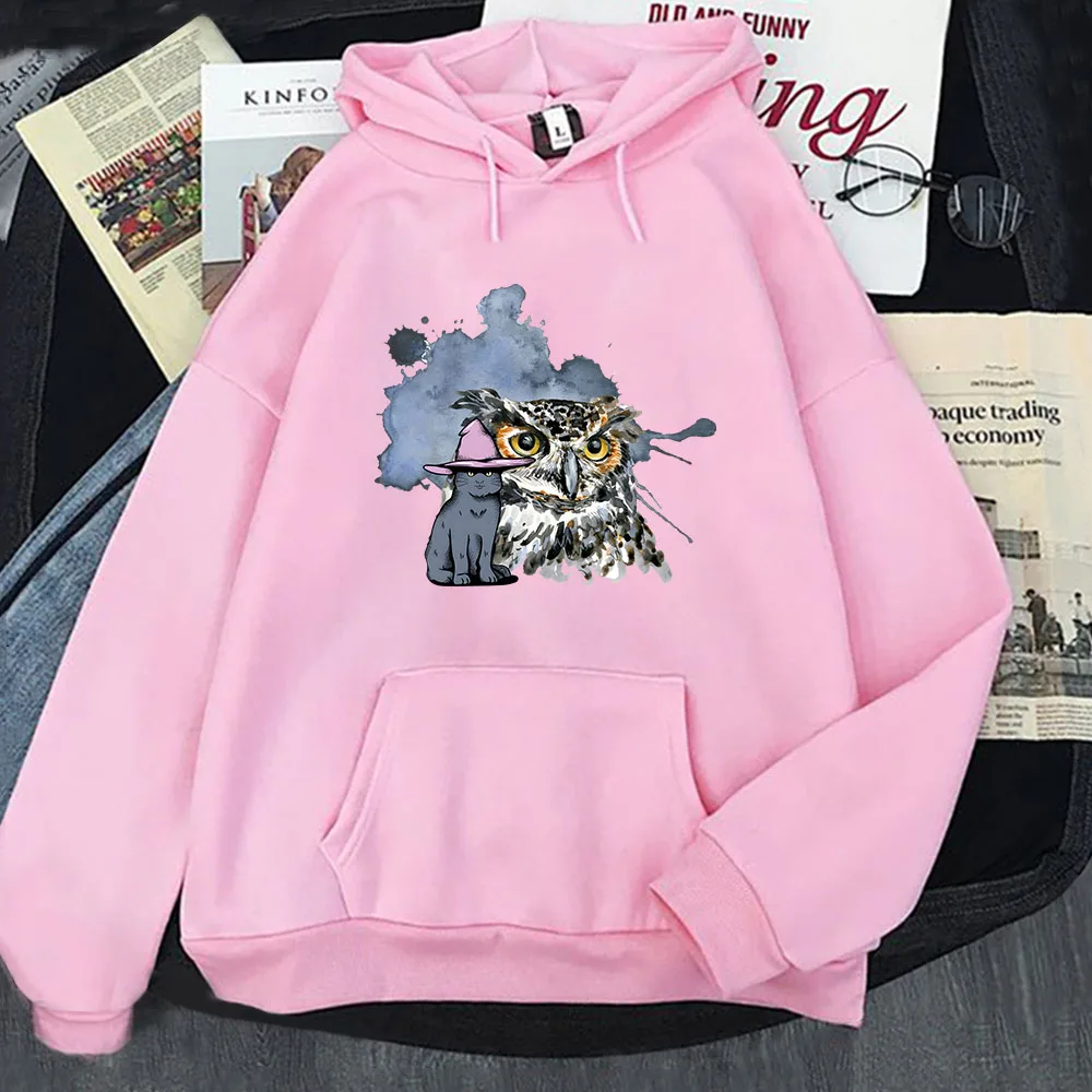 Cartoon animal A Cat and An Owl Hoodie Fantastic Graphic Sweatshirt Long Sleeve Pullovers Men Tops Streetwear Women Y2k Clothes