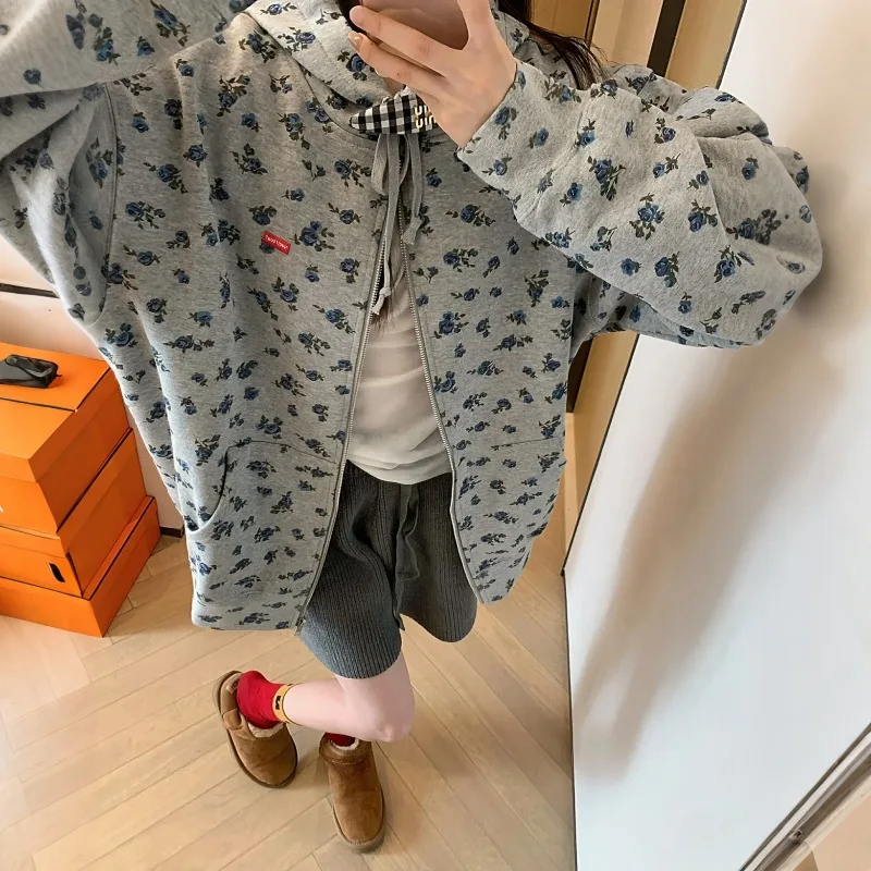 

Loose Retro Small Floral Fit Cardigan Hooded Zip Woman Coat Fashion Autumn Winter Flower Gray Coat New Design Women's Jacket