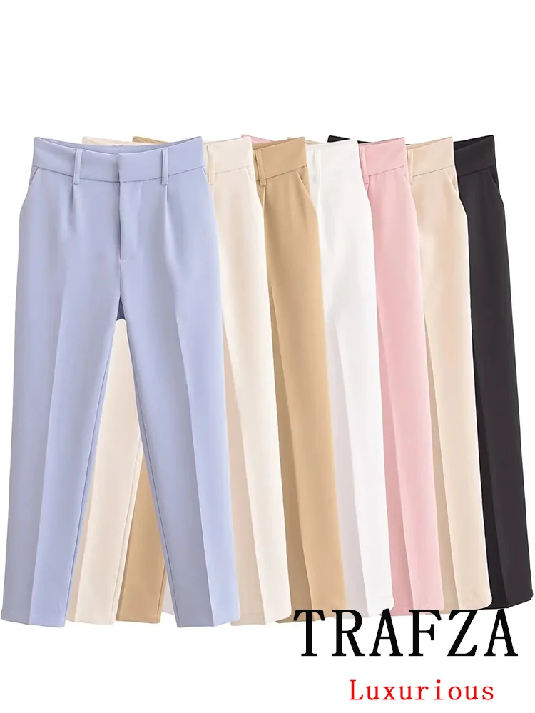 TRAFZA Casual Office Lady Pants Women Solid Wide Leg Pockets Zipper Long Pants New Fashion 2024 Autumn Winter Basics Suit Pants