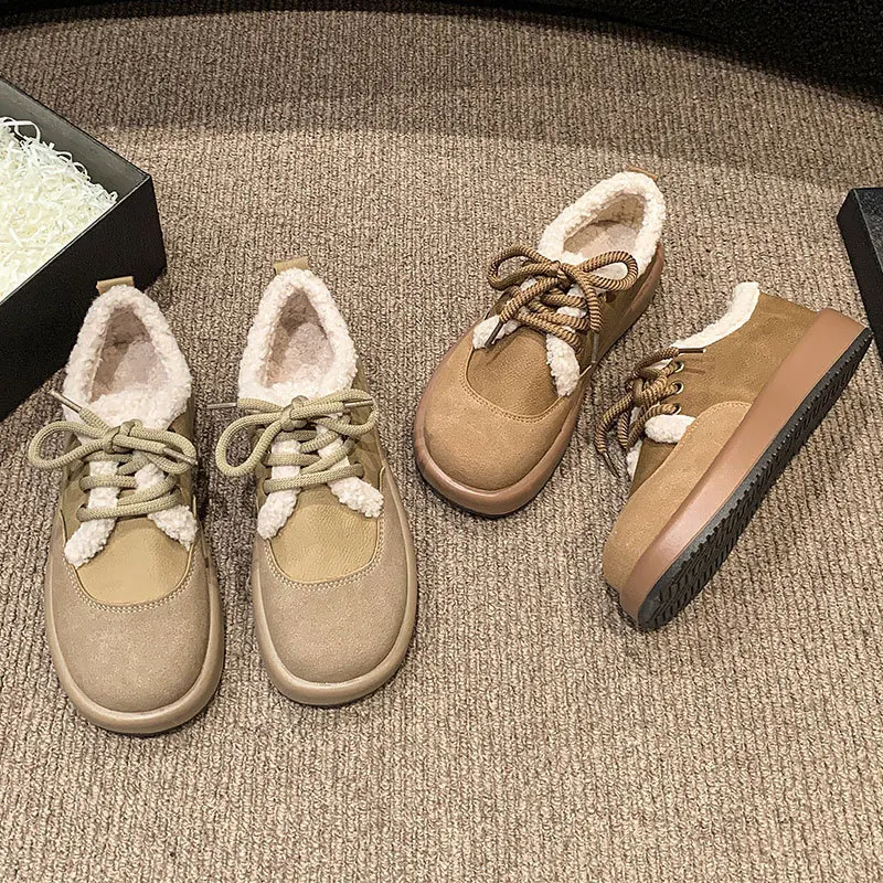 【2025 AW】Maillard chaussures femmes fausse fourrure doublé semelle souple à lacets confort chaussures Style rétro hiver mocassins chauds