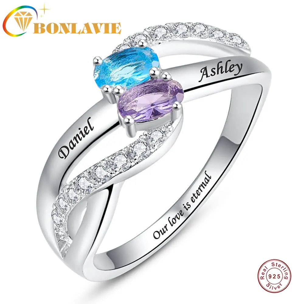 

925 Silver Ring Customized Zircon Double Hearts 2 Ovil Gem Birthstone 2 Names Text Women's Wedding Birthday Gift Jewelry