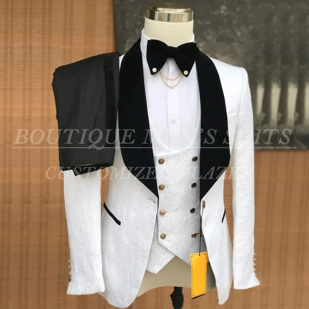 

KSDN Luxury White Jacquard Men's Suits Formal Wedding 3 Piece Jacket Pants Vest Male Clothing Customzied Costume Homme 2025