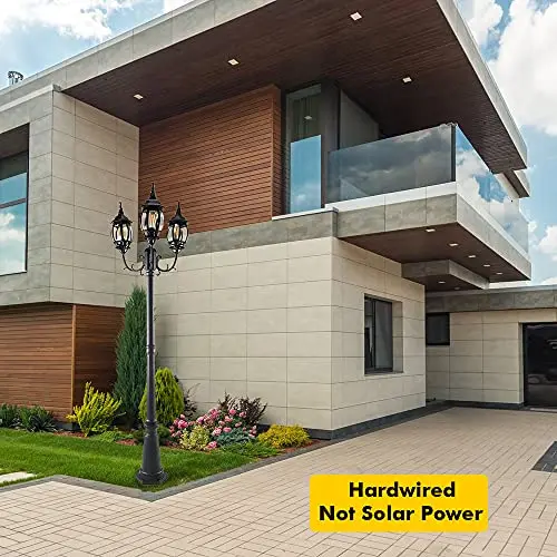 

Triple-Head LED Hardwired Outdoor Post Light In Black With Clear Glass For Garden, Lawn, Patio, Pathway And Yard