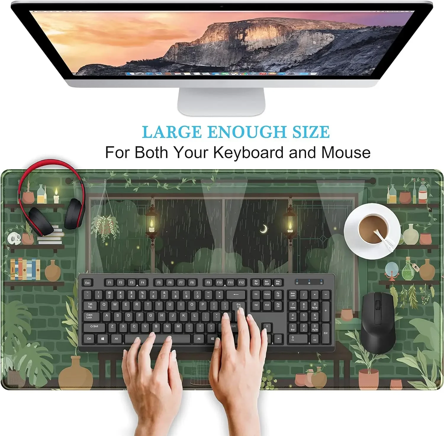 لطيف ليلة ممطرة النباتات الخضراء وسادة مكتب أنيمي القط الأسود Kawaii كبيرة الألعاب ماوس الوسادة ضوء القمر اليراعات ماوس للهدايا المنزلية