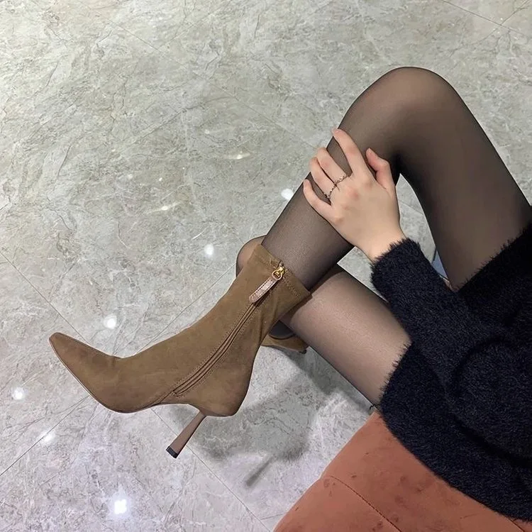 2024 Luxury Women Khaki Black Flock Sock Boots Stiletto Thin High Heels Elastic Knitting Boots Winter Stretch Fabric Ankle Boots