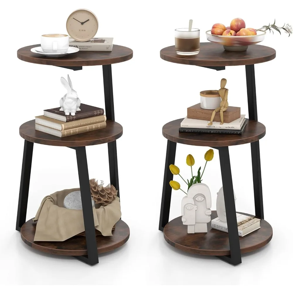 A set of two circular end tables, industrial edge tables with sturdy metal frames, emphasizing small spaces