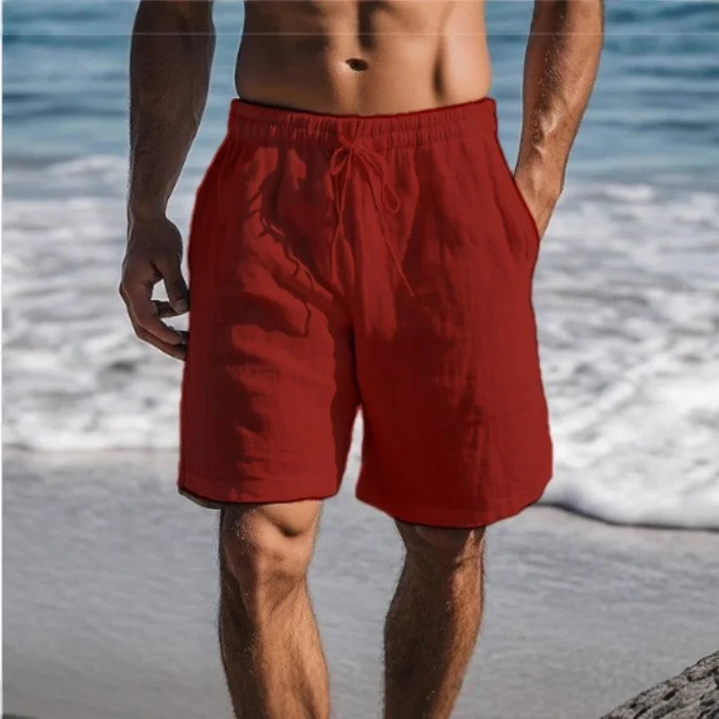 

Summer Mens Linen Solid Color Short Lightweight Gym Pants Cotton Beach Shorts Men Fitness Sport Large Breathable Short Homme