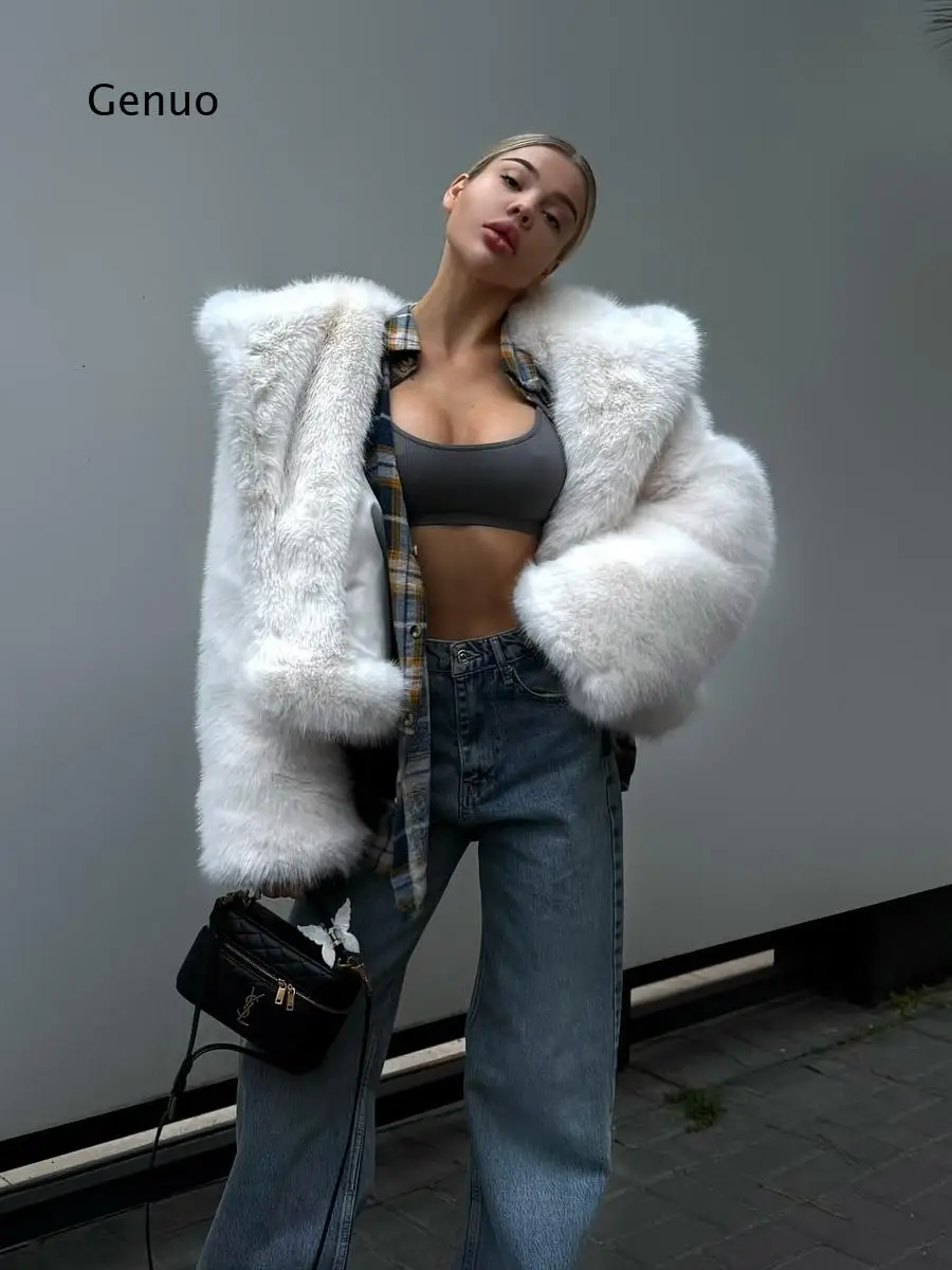 Women Hooded Faux Fox Fur Long Coat Fluffy Warm Winter Outerwear Elegant Plush Fur Jacket Streetwear Top