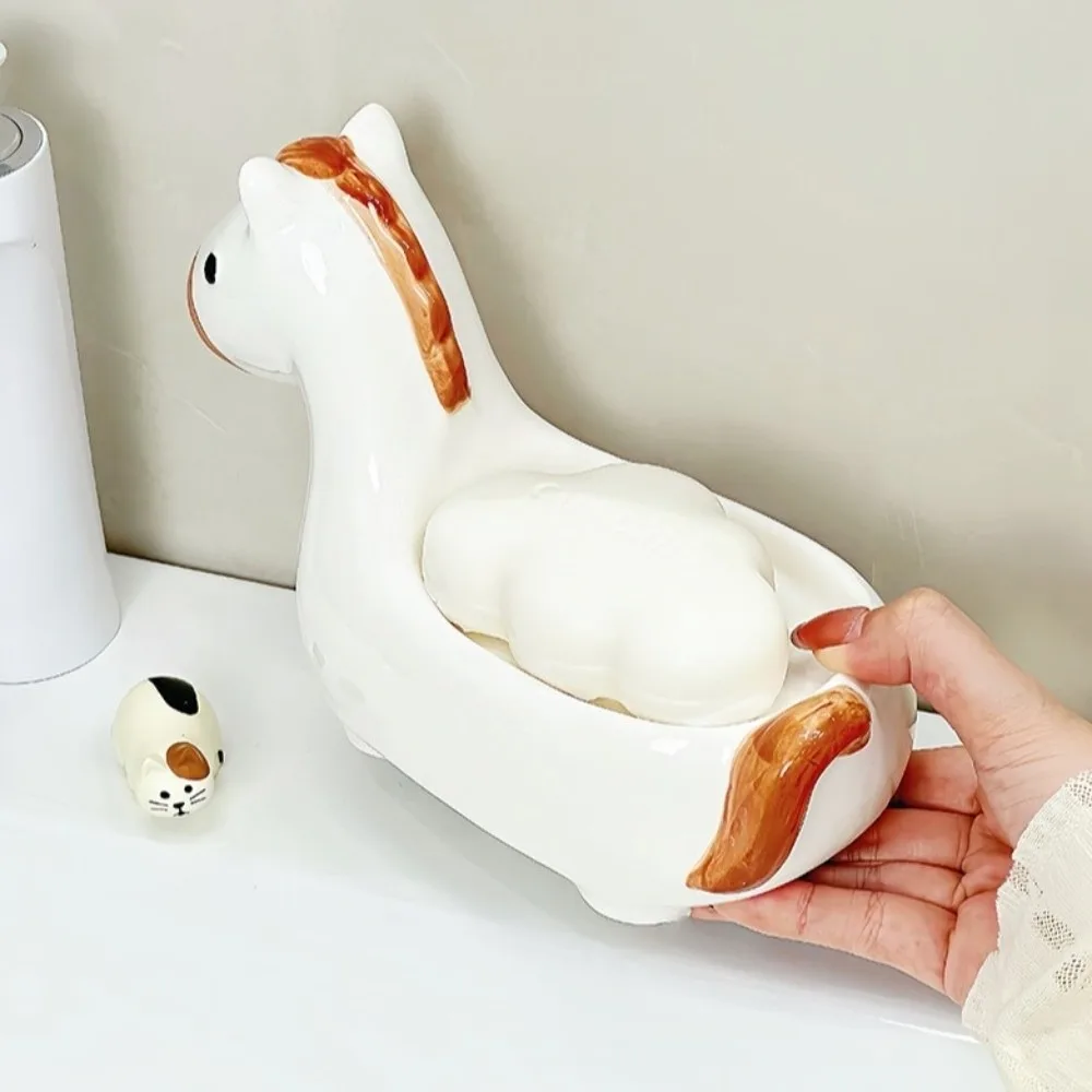 

Cute Horse Soap Dish Soap Box Soap Container Self Draining Soap Holder Ceramic Drainable Bathroom Decor Organizer for Sink