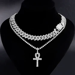 2Pcs Punk Crystal Cross Ankh Tennis Chain Iced Out Prong Cuban Link Chain Necklace For Men Women Rapper Necklaces Hiphop Jewelry