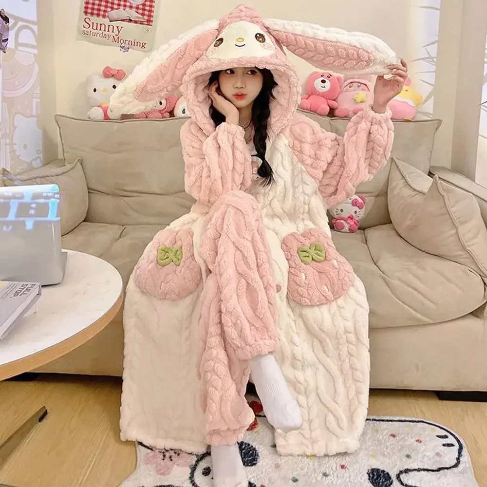 Kawaii My Melody Plush Night-Robe Set Warm Women Pajamas Set Cartoon Anime Flannel Bathrobe Thicken Homewear Girls Nightgown